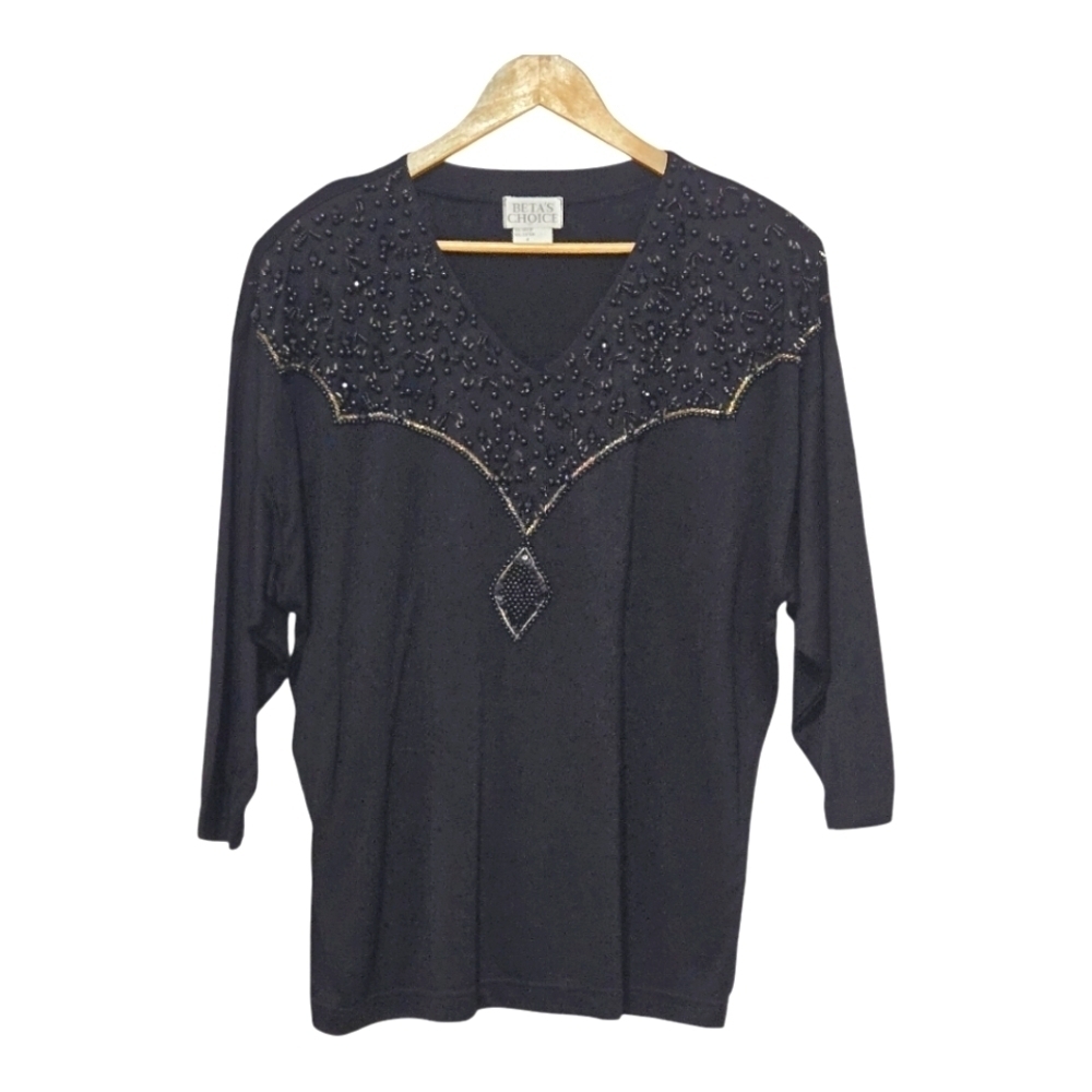 Vintage Beta's Choice Beaded 3/4 Sleeve  Black Top